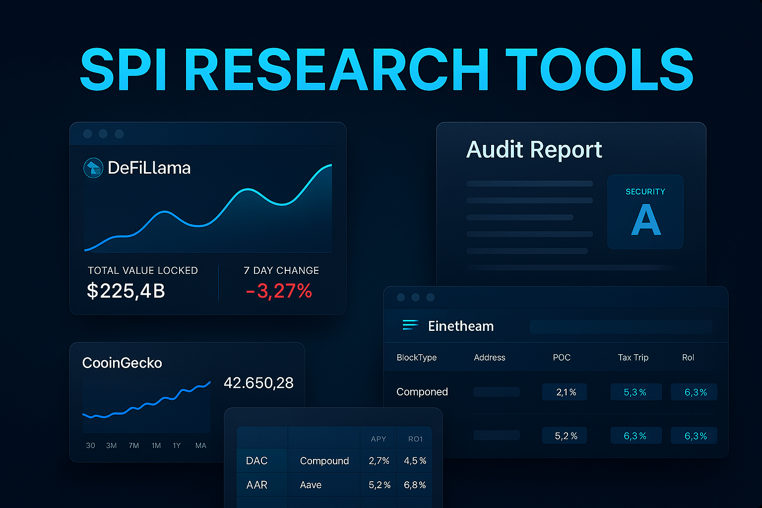 Collage showing audit dashboards, explorers, and analytics charts.