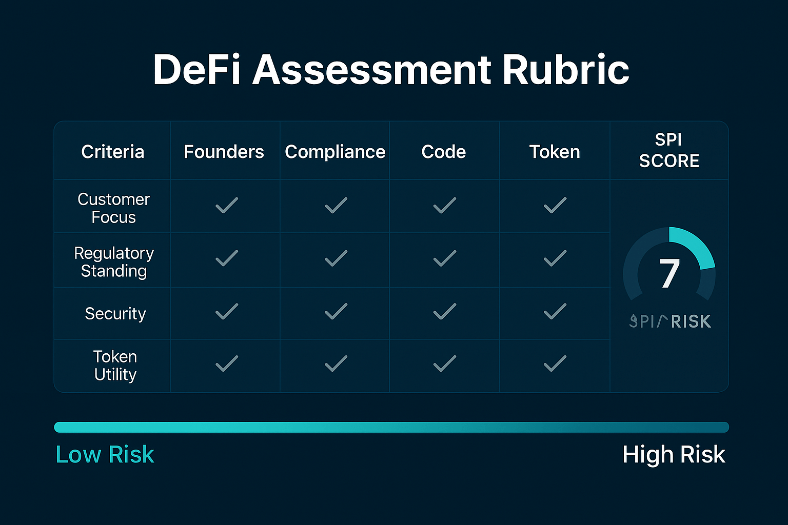 SPI DeFi Assessment Rubric dial showing green, yellow, red zones from 0–100