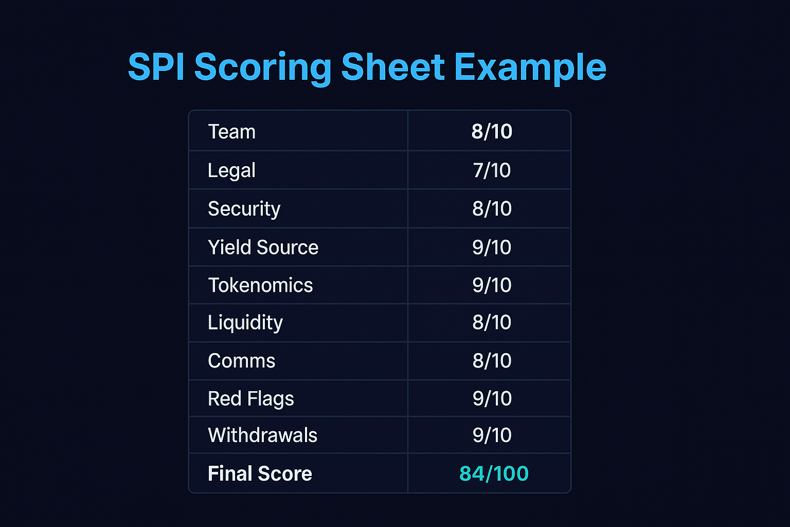 Example SPI scoring sheet showing 84/100 Trusted rating.