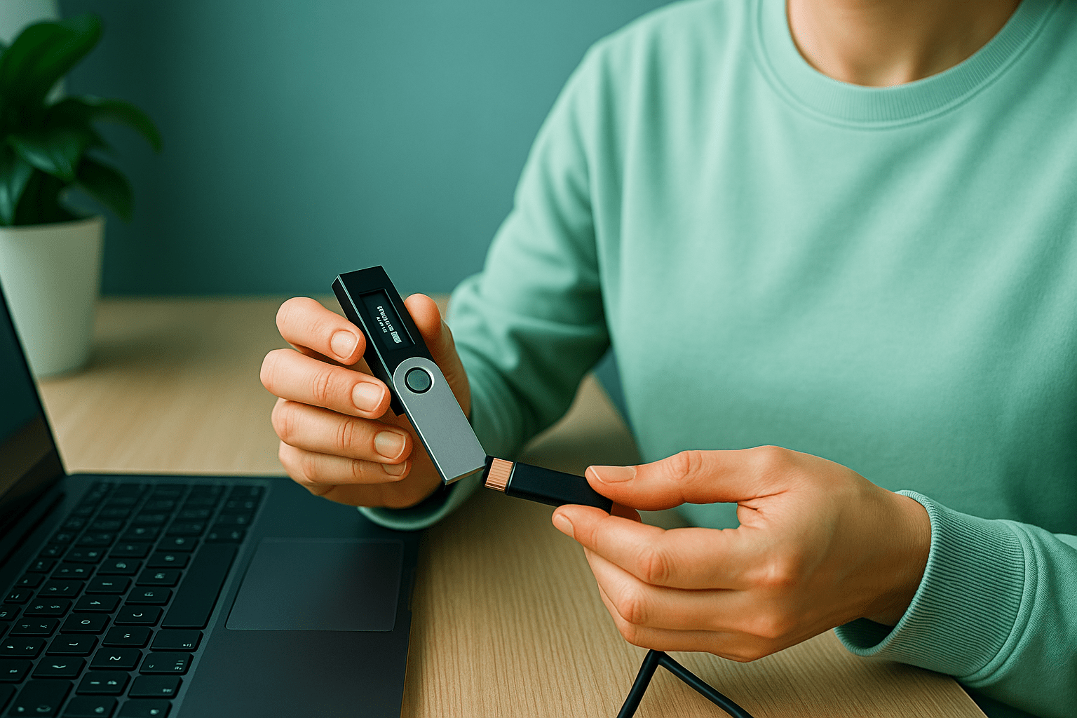 A person securing a hardware crypto wallet next to a laptop in natural daylight, symbolizing crypto security, self-custody, and DeFi asset protection.