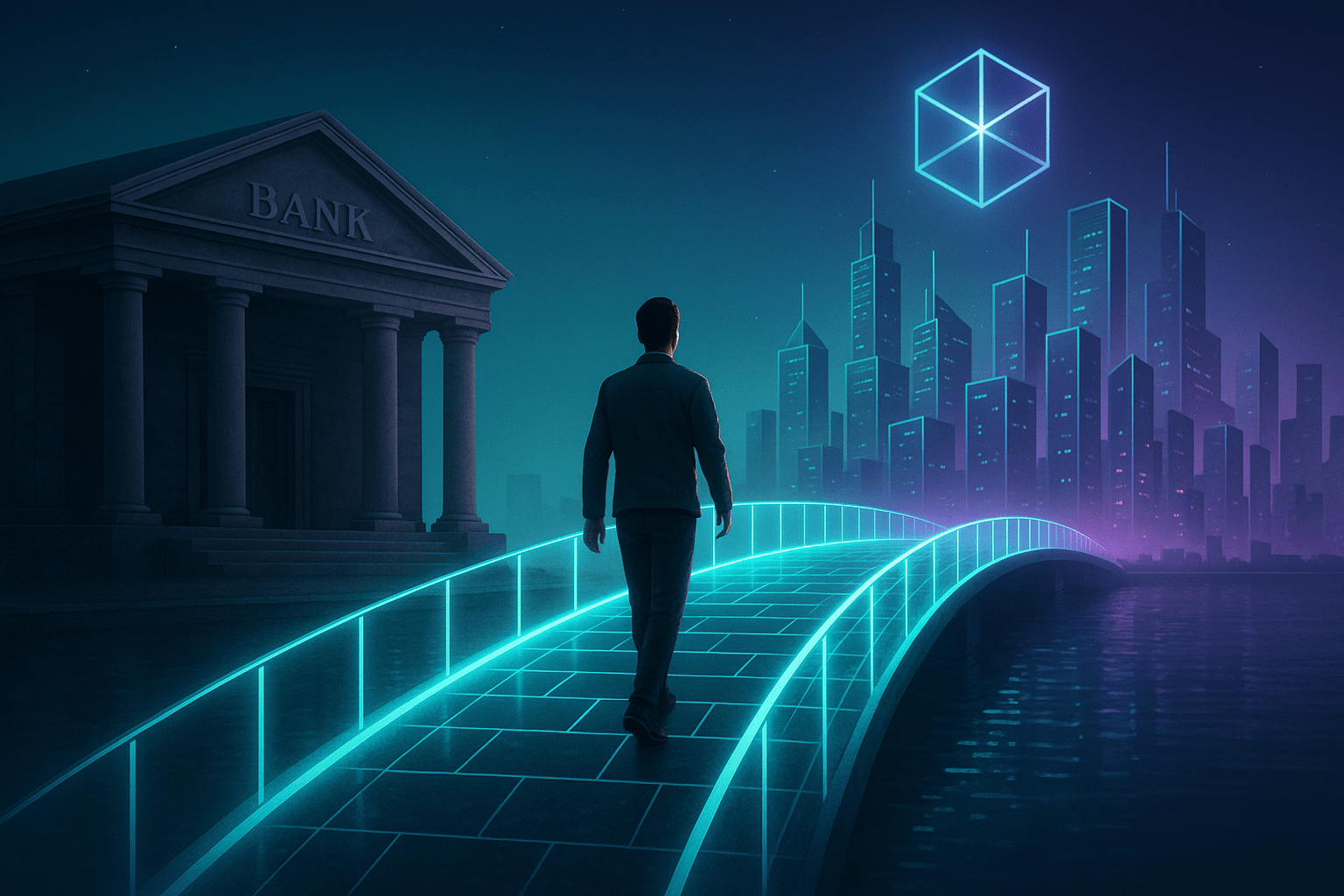 Illustration showing digital bridges connecting traditional finance to blockchain networks, symbolizing decentralized finance.