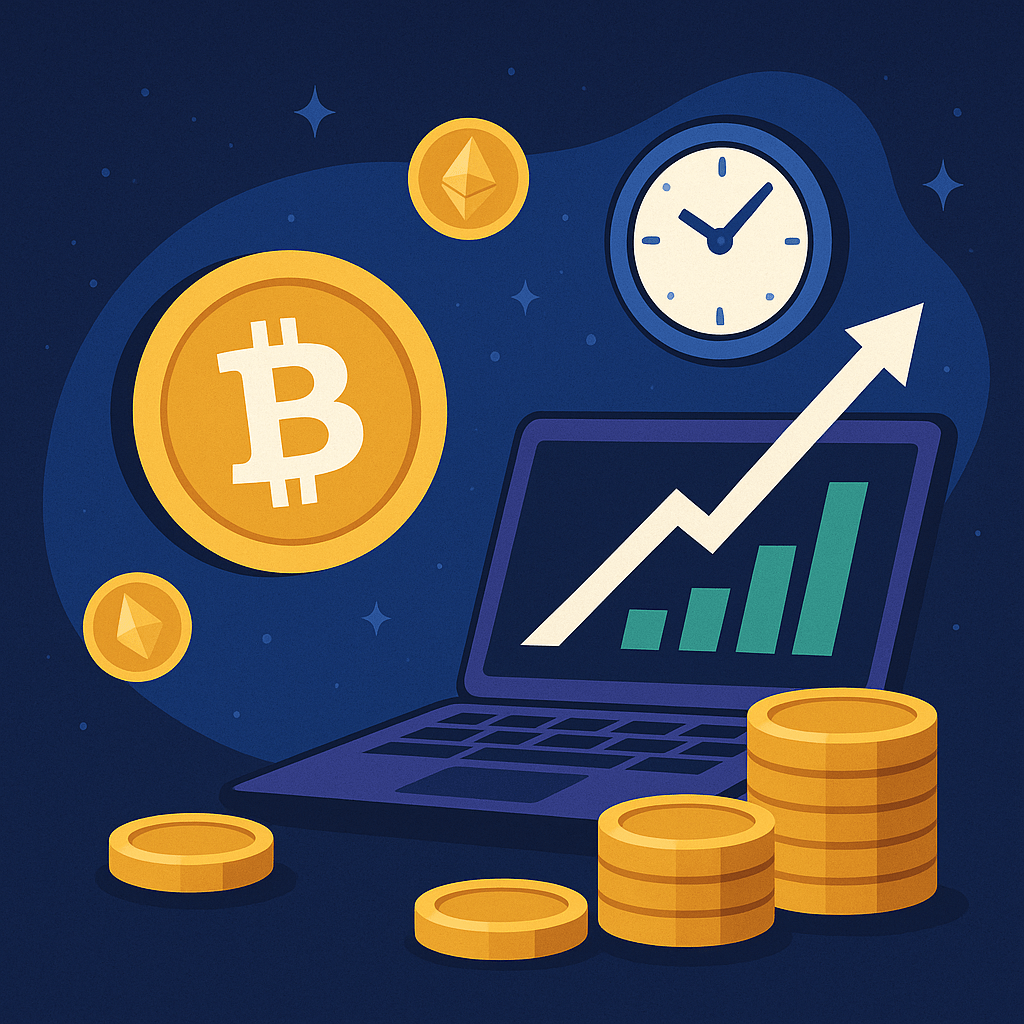 Futuristic 3D crypto passive income concept with coins and glowing tech networks