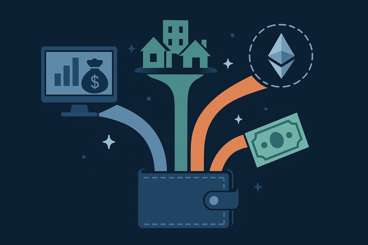 Illustration of multiple income streams flowing into digital wallets representing passive income