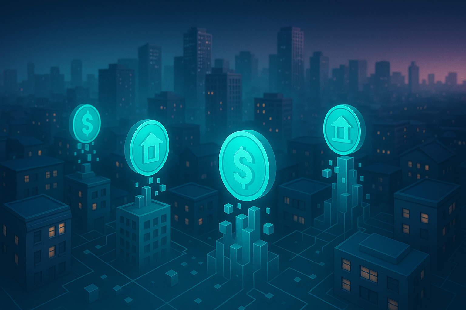 Tokenized real-world assets shown as digital tokens over a city skyline