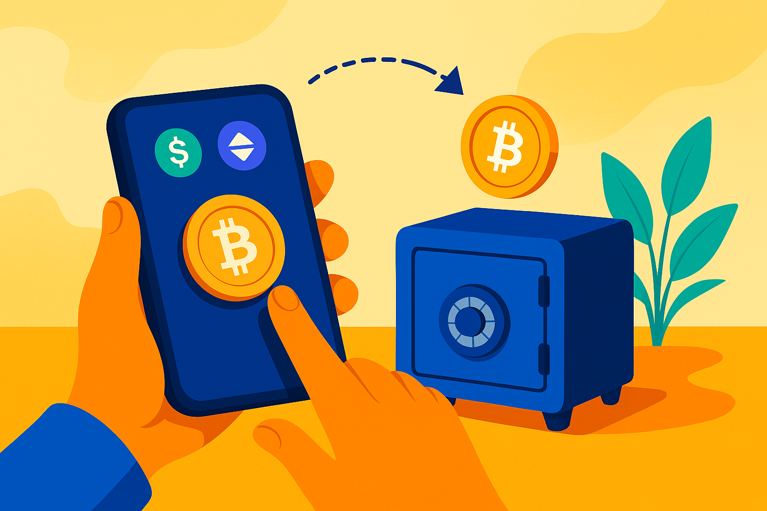 A person transferring crypto from an exchange to a hardware wallet with glowing Bitcoin and Ethereum icons, symbolizing self-custody and crypto security.