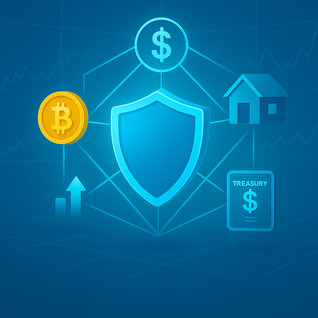 Recession-proof passive income strategy illustrated with a glowing shield protecting multiple income streams like crypto, real estate and treasuries