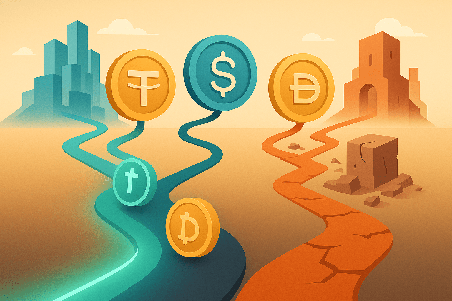 Cinematic illustration of stablecoin coins connected to DeFi protocols showing conservative vs risky yield paths.