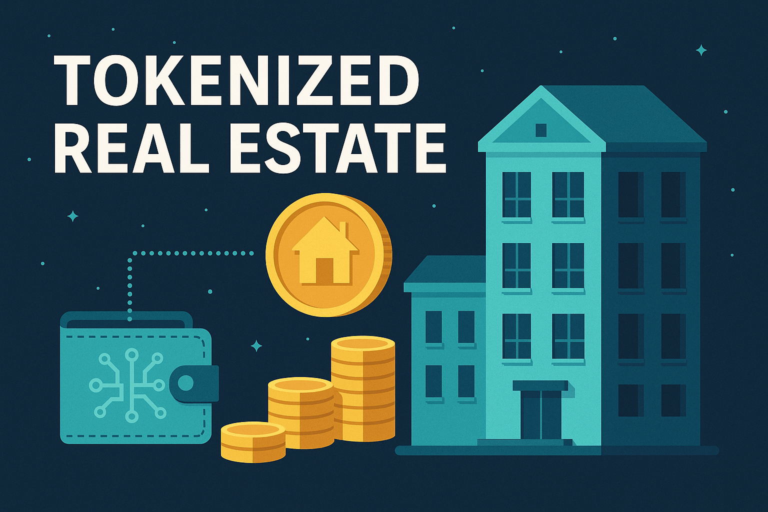 Tokenized real estate illustration showing digital property tokens, a blockchain wallet and real-estate building graphics.