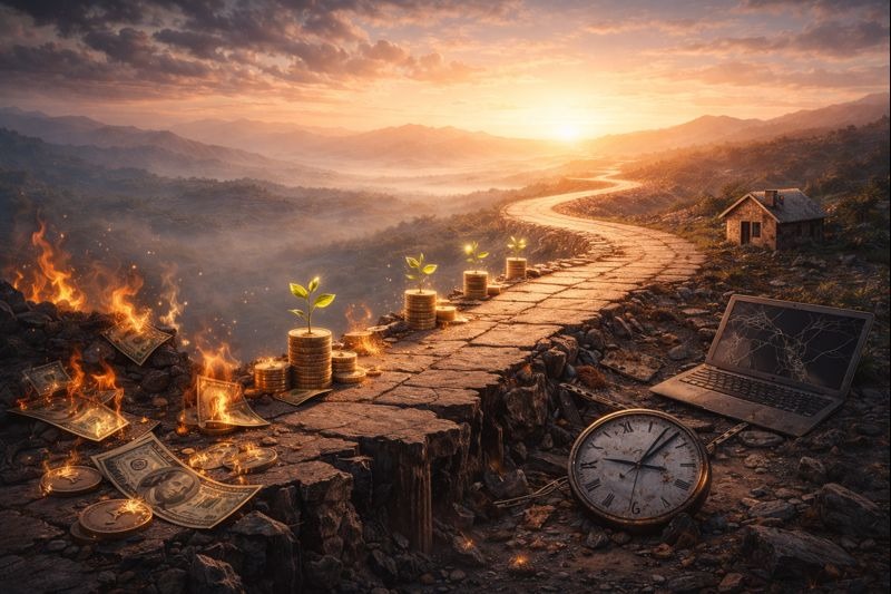 Abstract illustration showing the passive income set and forget myth with decaying money and slow compounding growth over time