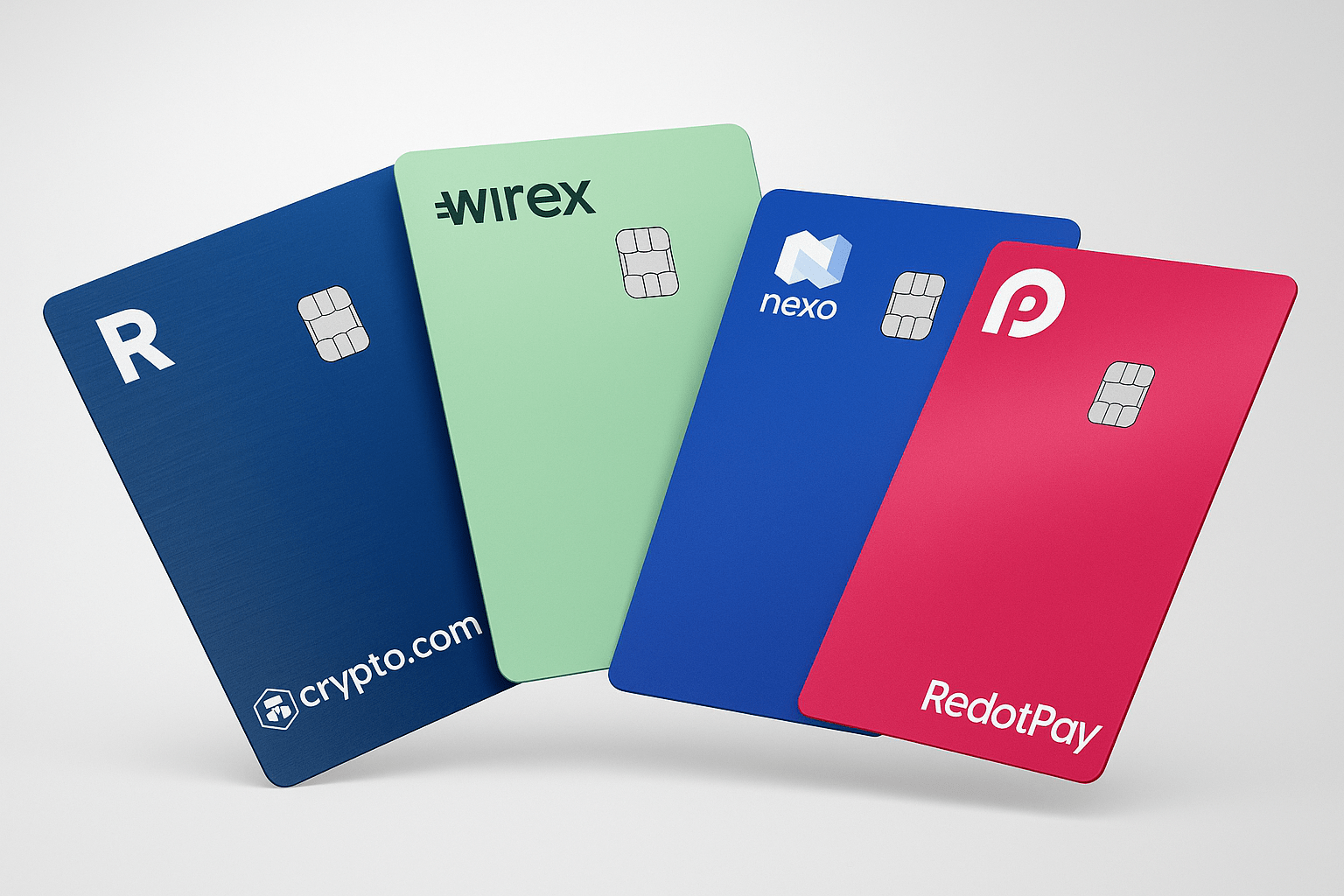 Several futuristic crypto debit cards on a dark surface symbolising different ways to spend digital assets in everyday life