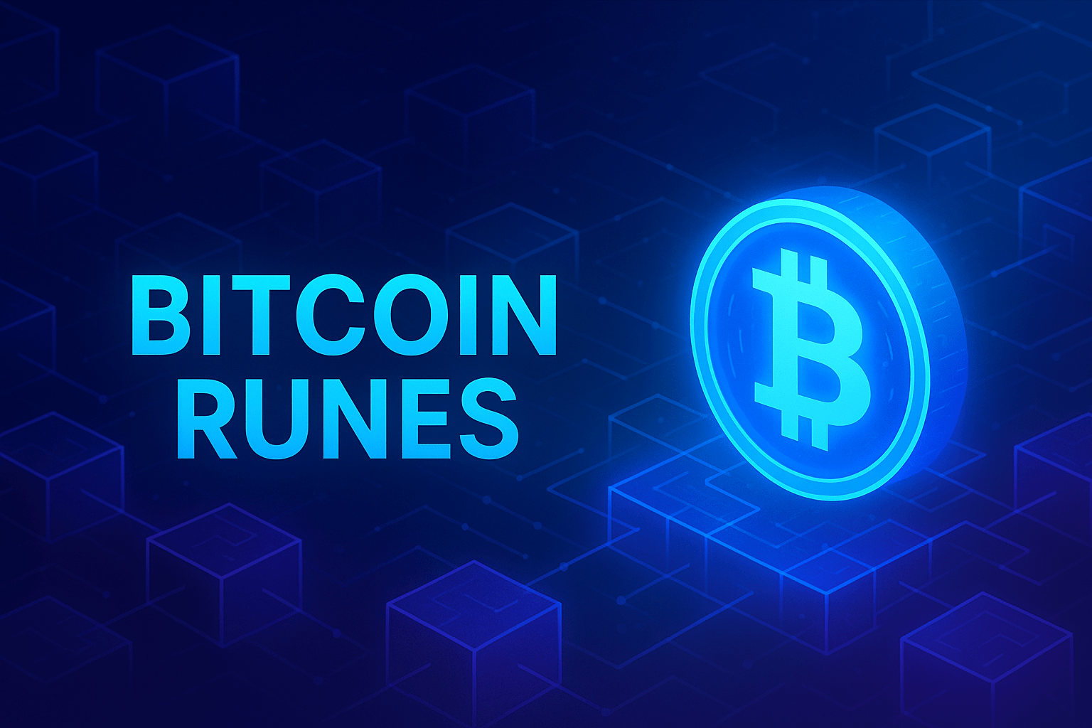 Bitcoin Runes explained on a glowing futuristic blockchain background, SPI style.