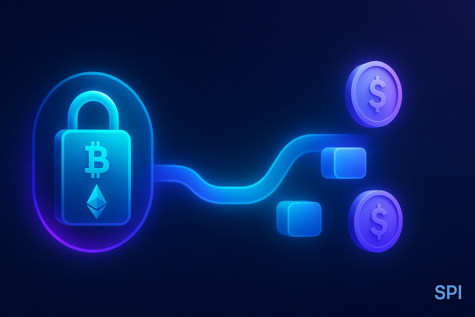 Crypto collateral loan illustration showing locked digital assets and borrowed stablecoins in SPI style.