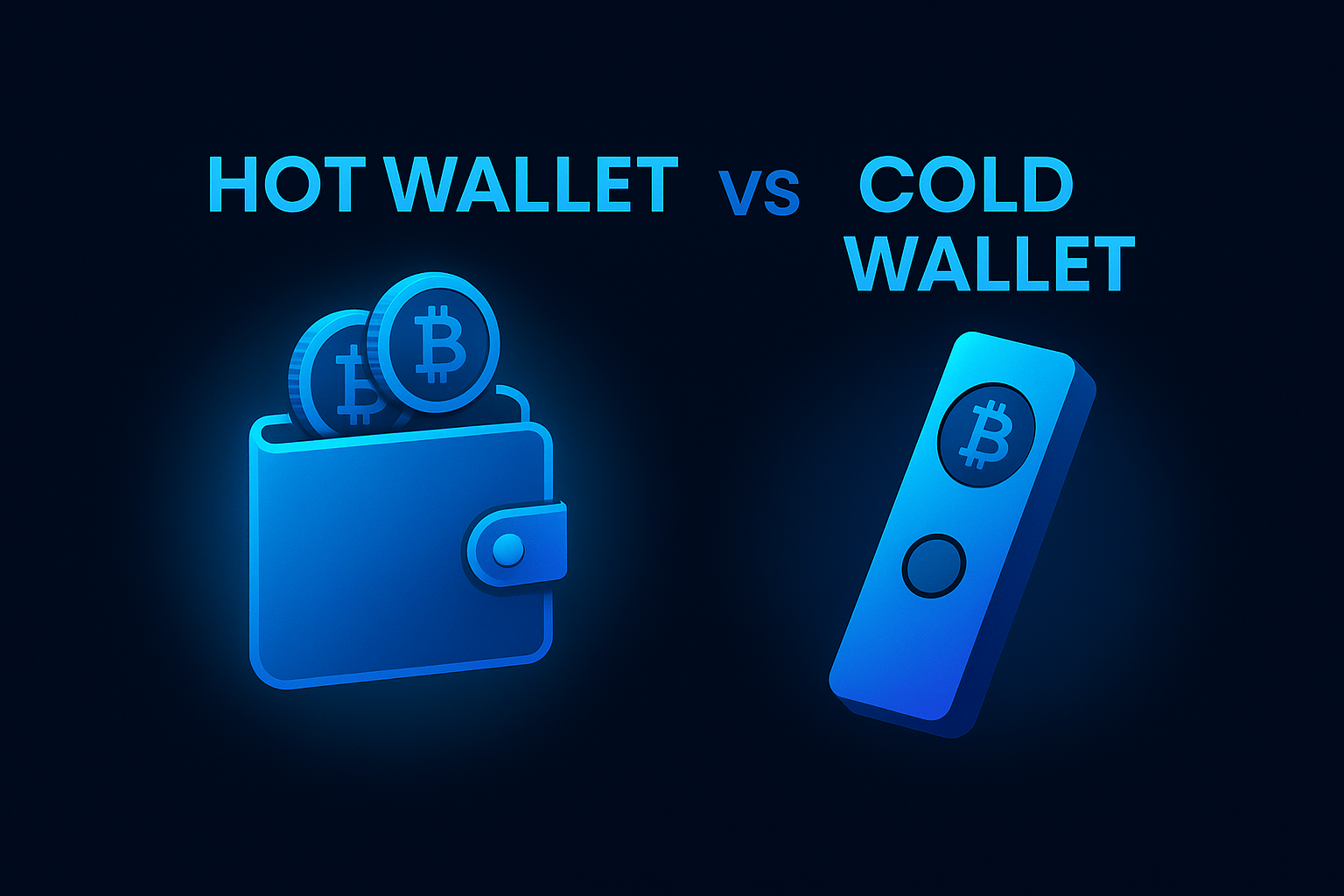 Hot wallet vs cold wallet comparison showing a mobile crypto wallet and a secure hardware wallet on a glowing SPI-style background.