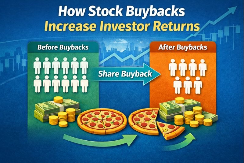 Illustration showing share count shrinking and ownership increasing through stock buybacks
