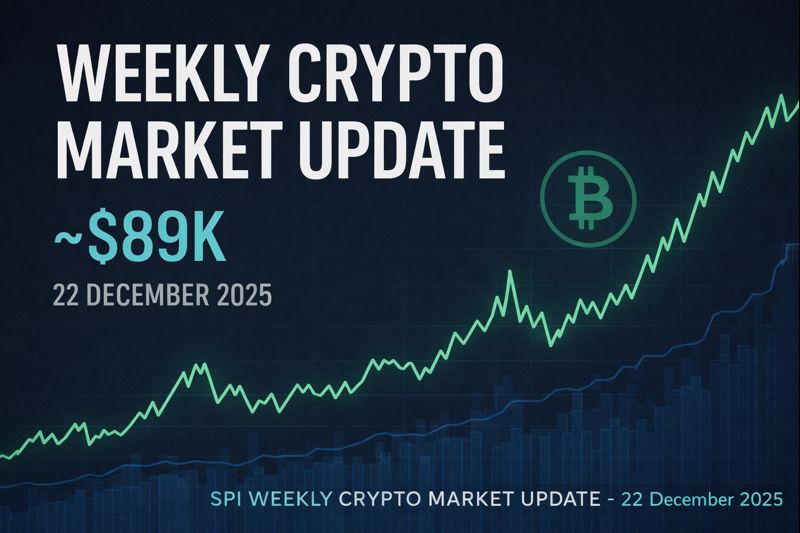 SPI weekly crypto market update showing Bitcoin near $89K with market charts and year-end volatility