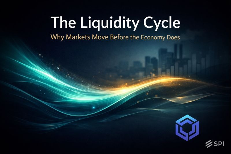 Abstract illustration showing the liquidity cycle driving markets ahead of the real economy