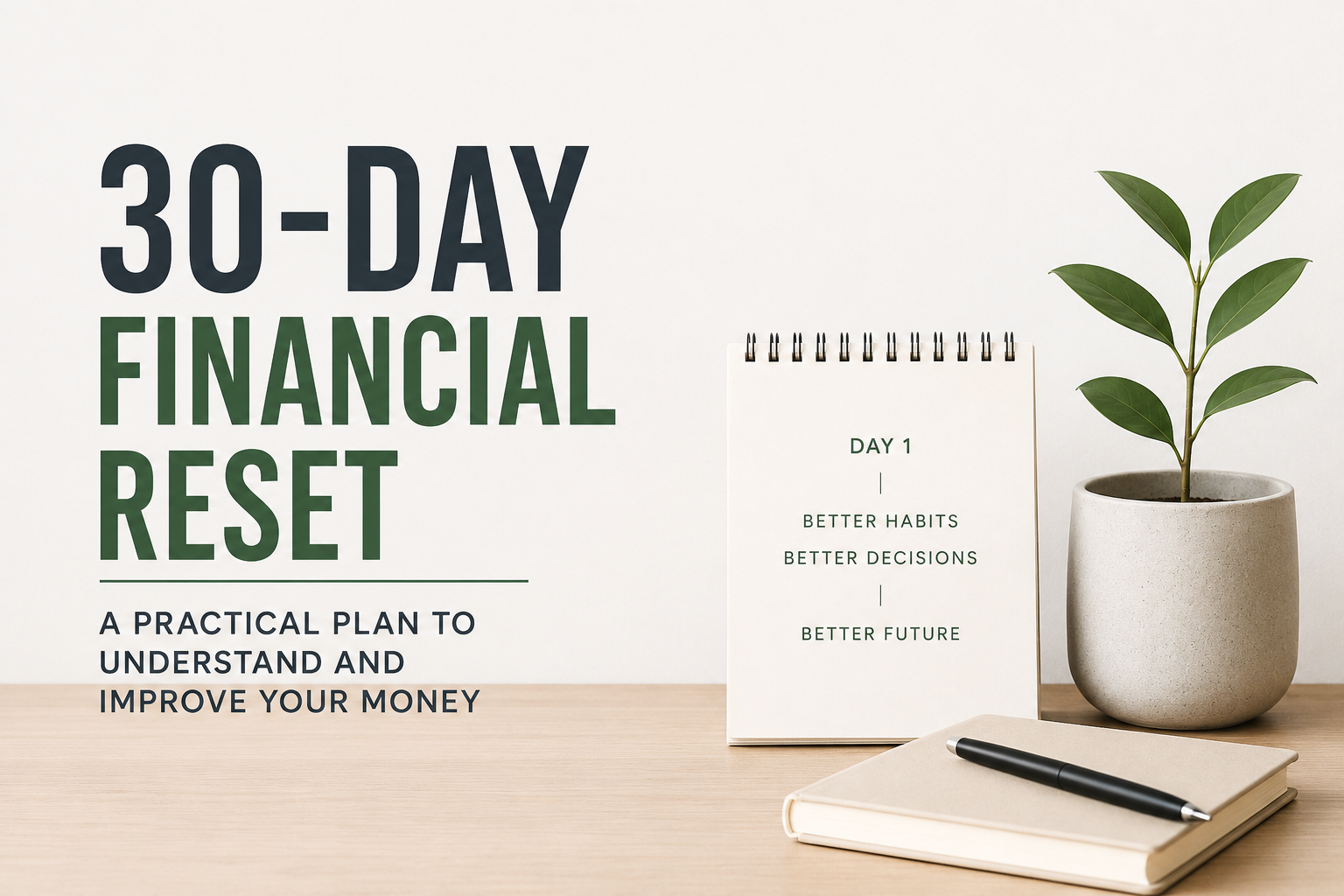30-day financial reset plan showing awareness, control, stability, and progress for better money habits
