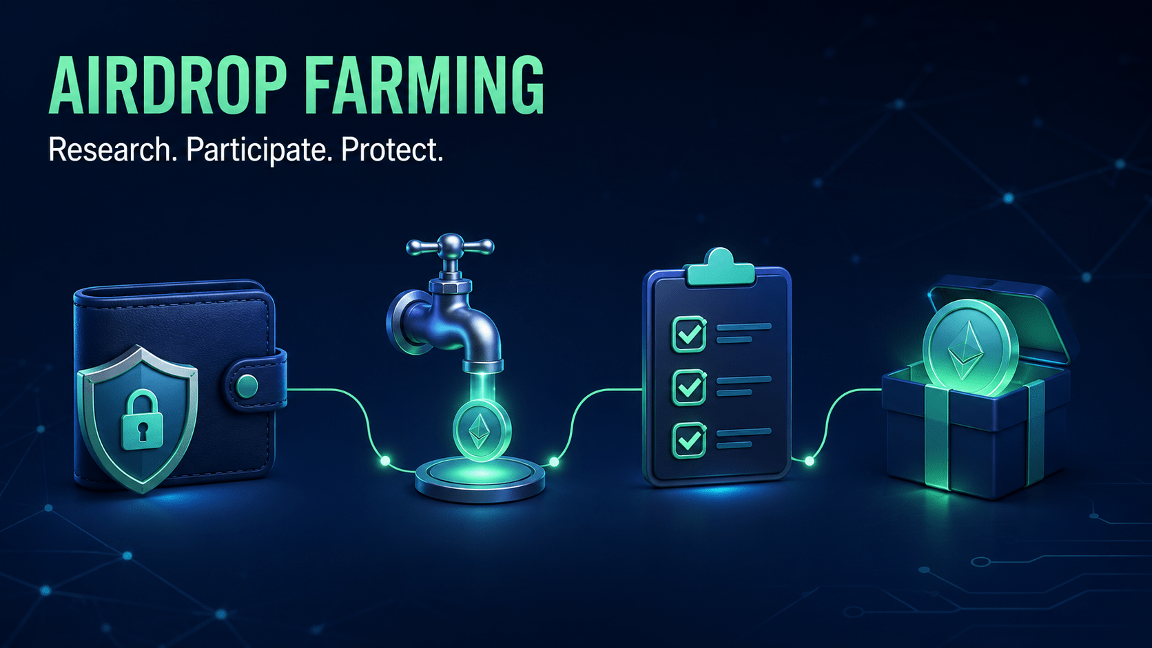 Airdrop farming process showing a secure wallet, testnet faucet, quest checklist and potential token reward